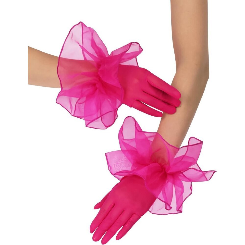 Women's Fuschia Short Mesh Imported Tulle Sheer Lace Ruffles Gloves